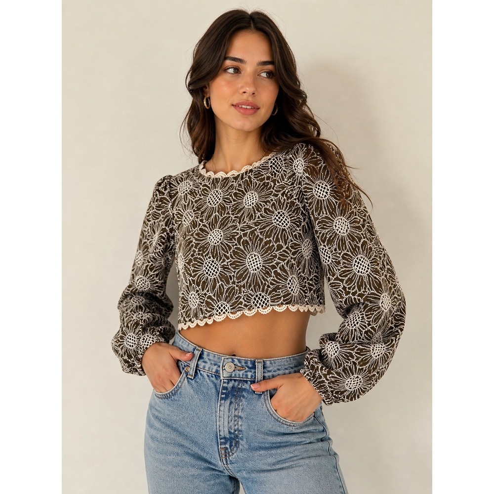 Express Embroidered Crop Top Womens Size Medium‎ Brown Floral Open Back